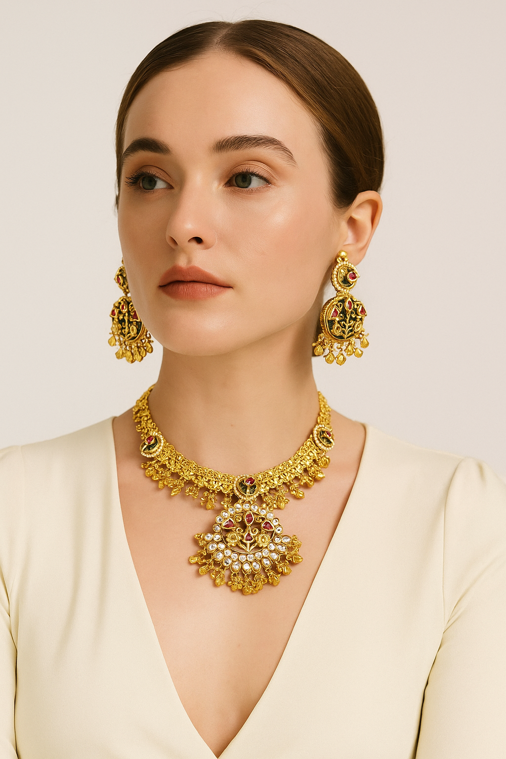 Antique Floral Kundan Necklace Set – Ruby Stone Temple Design with Gold Finish